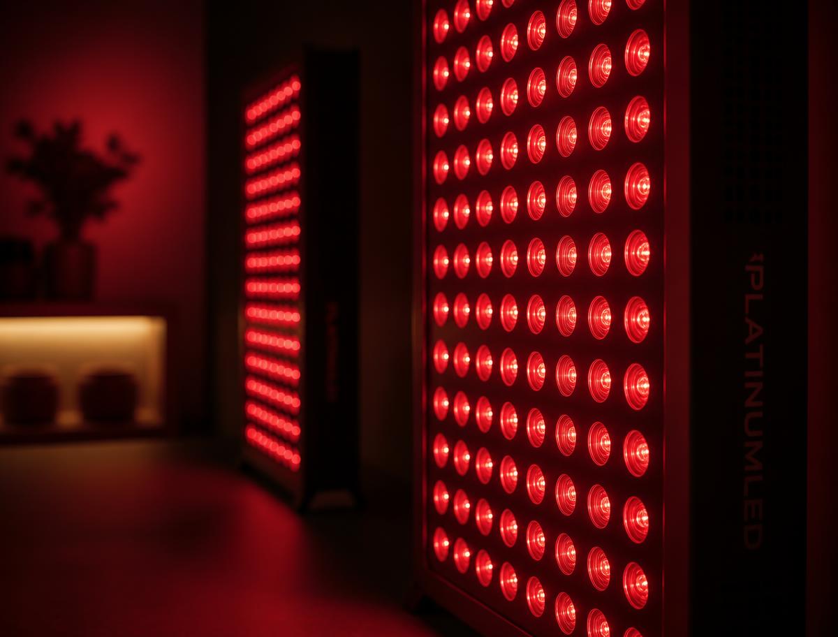 Nova red light therapy panel glowing in a dark room